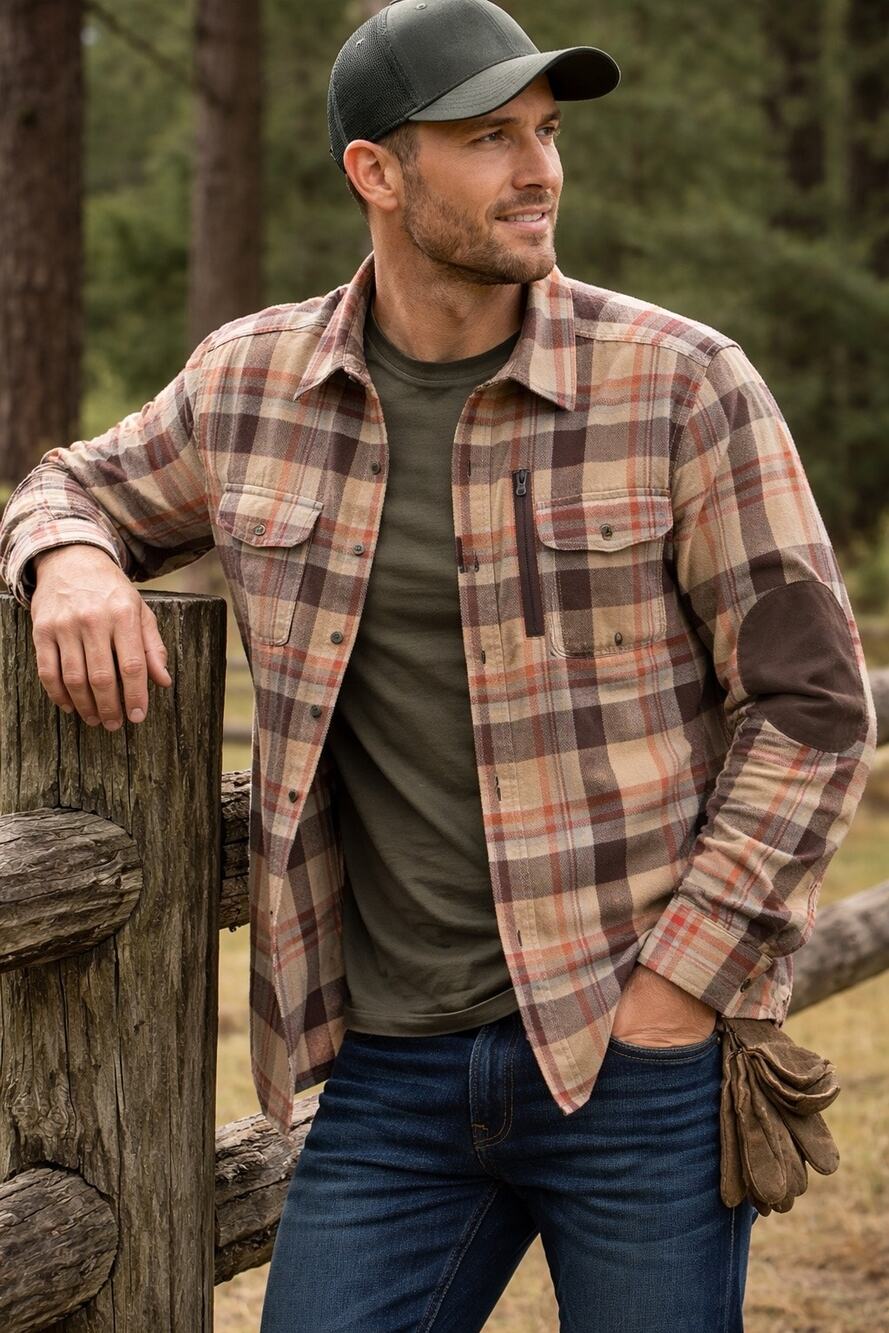 Wrangler ATG Men’s Plaid Flannel Shirt Elbow Patch Outdoor Hiking
